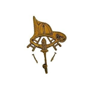 Vintage Fireman's Brass Wall Coat Towel Hook w/ Helmet, Ladders, & Hydrant  7.5"